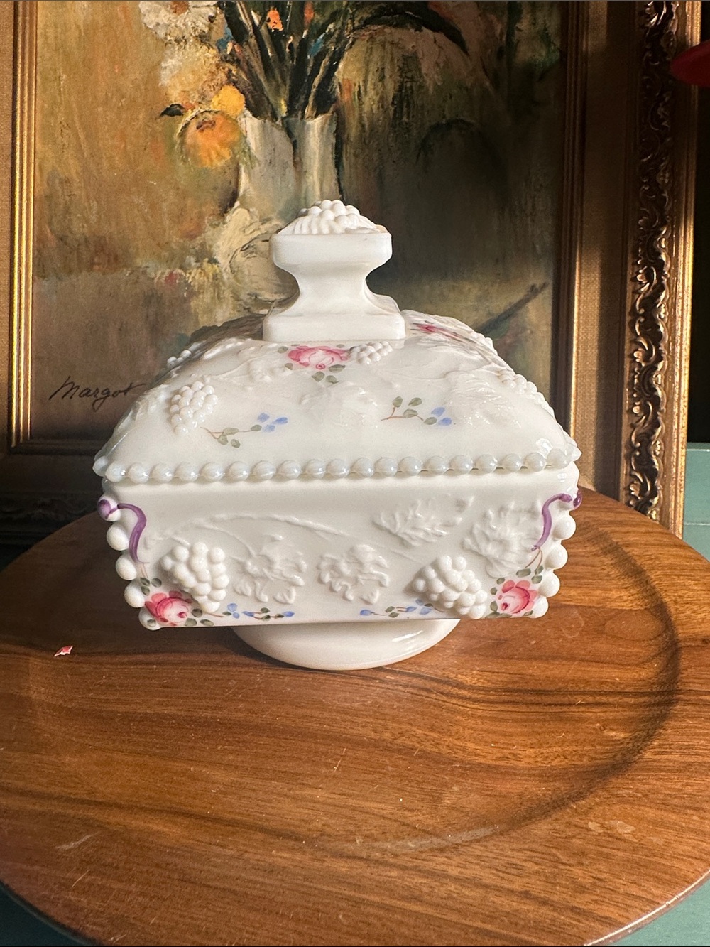Westmoreland Milk Glass Covered Pedastal Candy Dish Hand Painted Rose Grape VTG